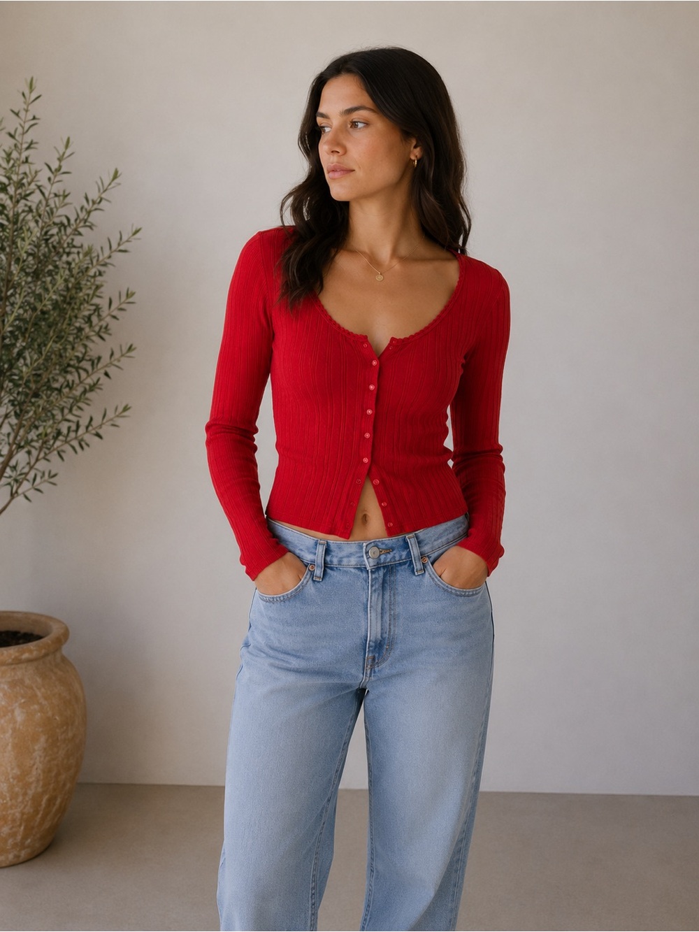 GAP Red Pointelle Scoop-Neck Button Cardigan